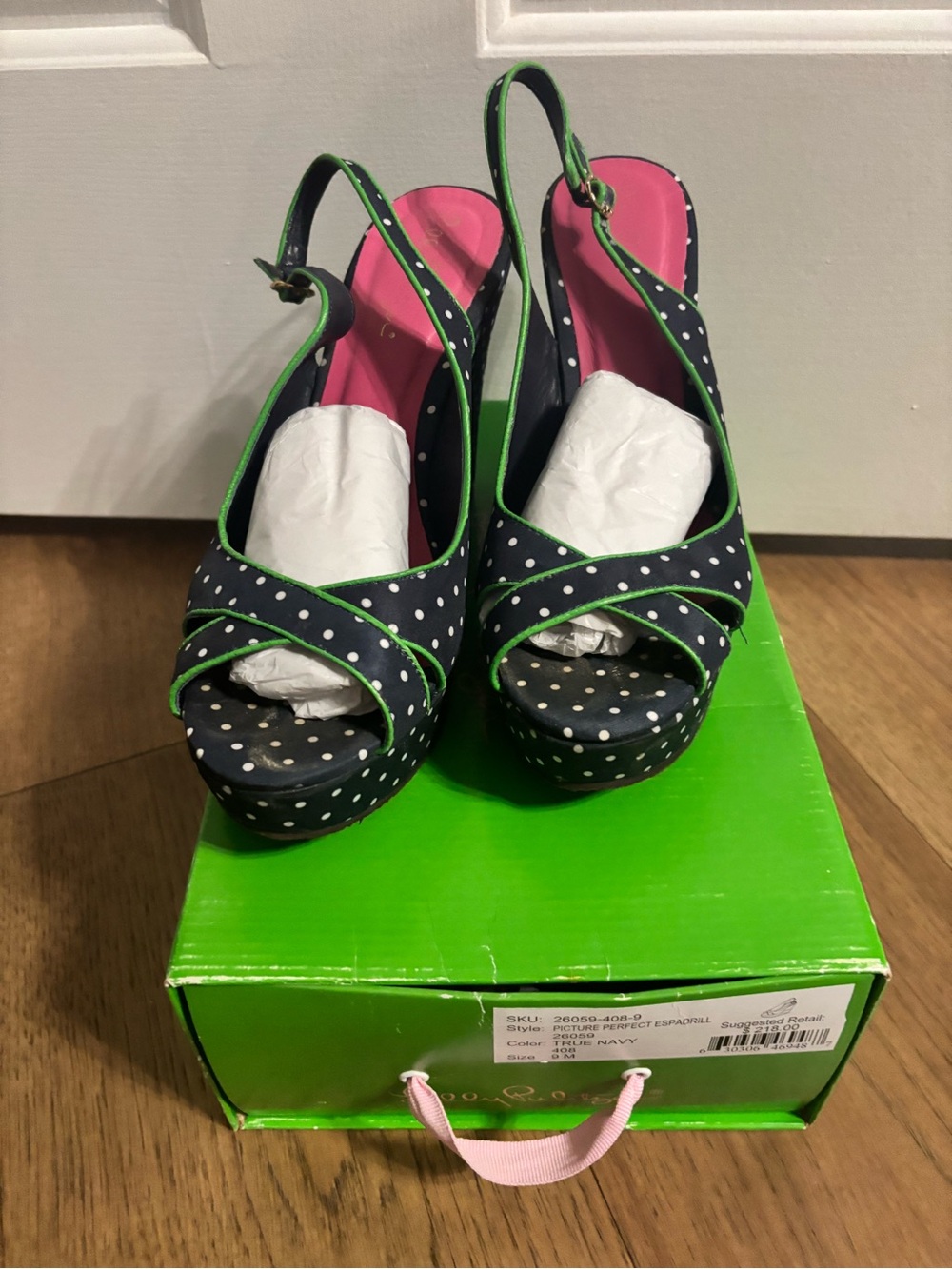 Lilly Pulitzer Navy Polka Dot Slingback Wedges with Pink Insole and Green Trim